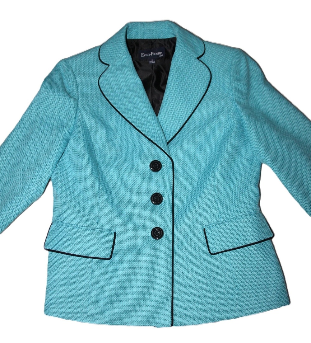 Evan Picone Blazer Womens 6 Blue Boucle Three Button Lined Tailored Skirt Suit